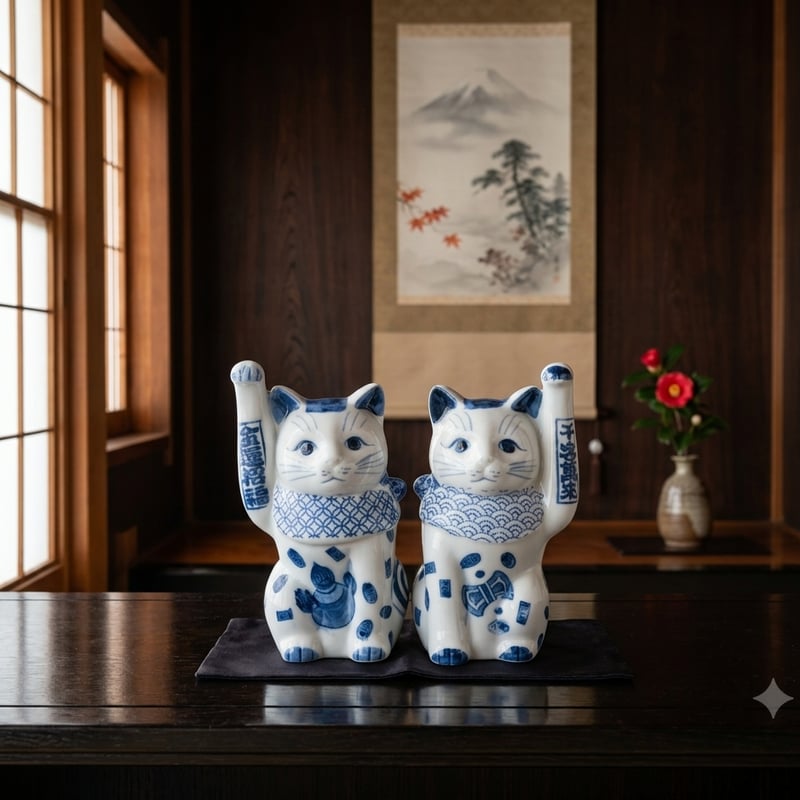 縁起物 招き猫 置物 陶器 染付招き猫 4寸 手長 右手上げ 左手上げ 瀬戸