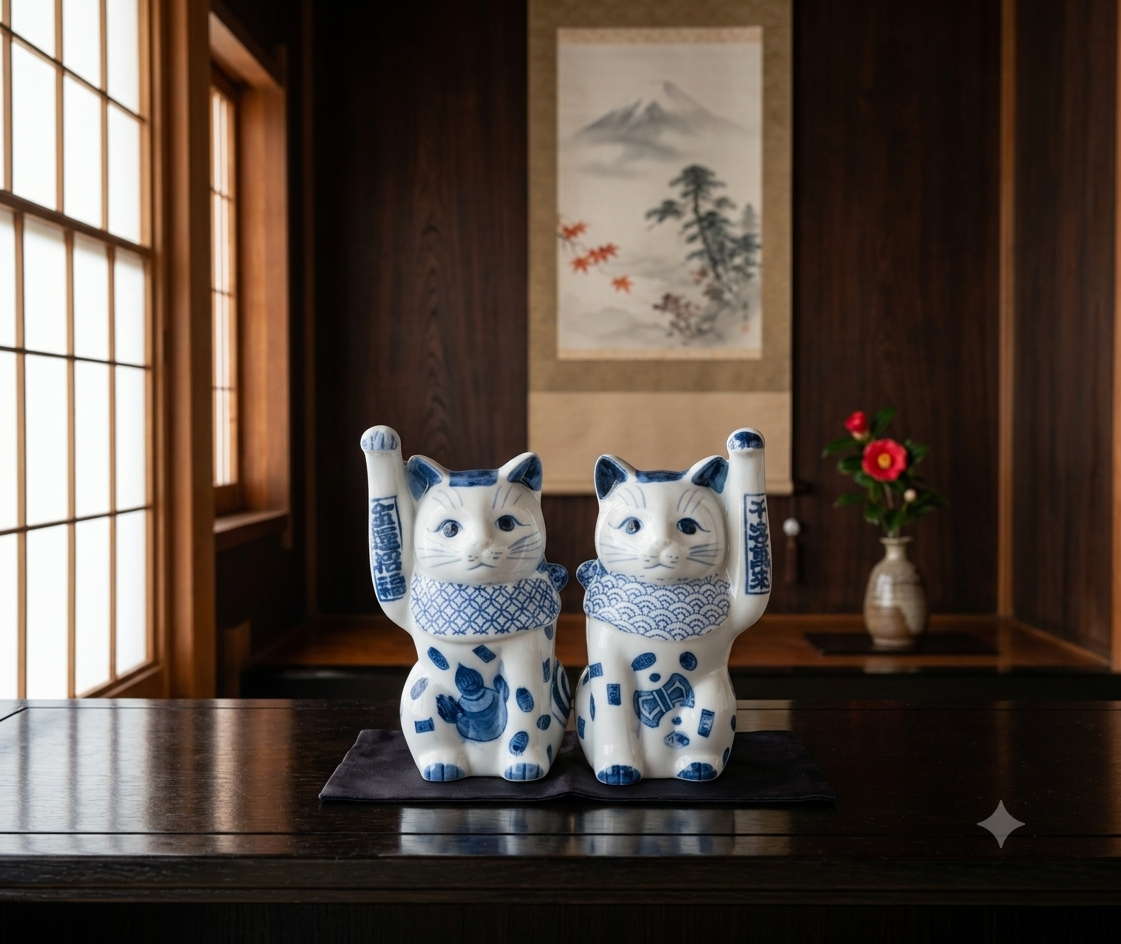 縁起物 招き猫 置物 陶器 染付招き猫 4寸 手長 右手上げ 左手上げ 瀬戸