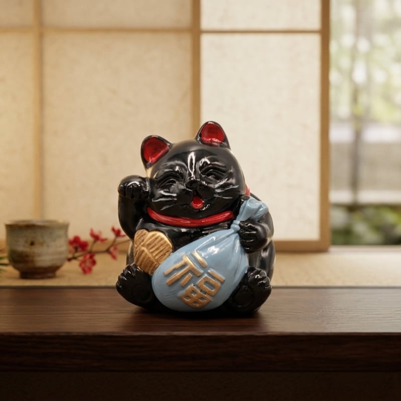 縁起物 大黒天 招き猫 七福猫 黒猫 小判 福袋 青袋 陶器製 置物 金運