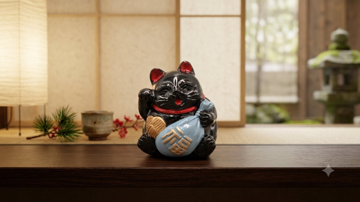 縁起物 大黒天 招き猫 七福猫 黒猫 小判 福袋 青袋 陶器製 置物 金運