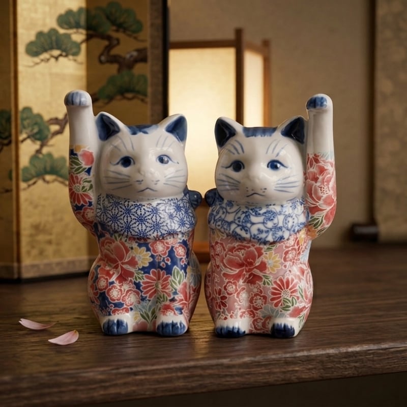 縁起物 招き猫 置物 陶器 華やか 花柄 唐草 染付 右手上げ 左手上げ