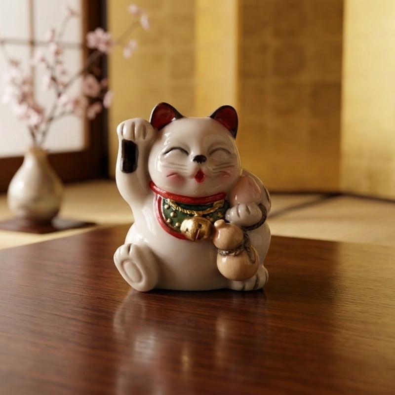 縁起物 寿老人 招き猫 七福猫 ぶち猫 ひょうたん 陶器製 置物 無病息災