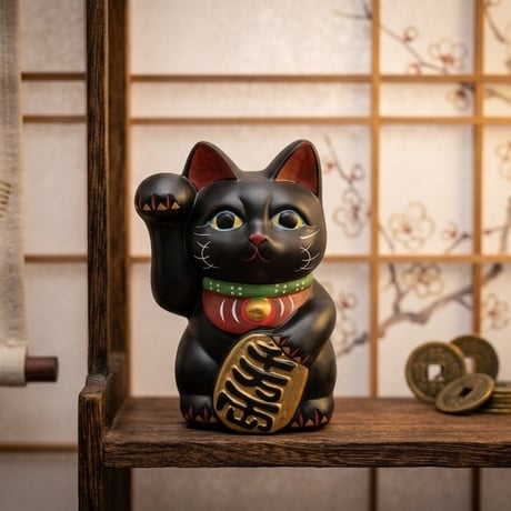 縁起物 招き猫 黒猫 右手上げ 貯金箱 金運招福 商売繁盛 縁起置物