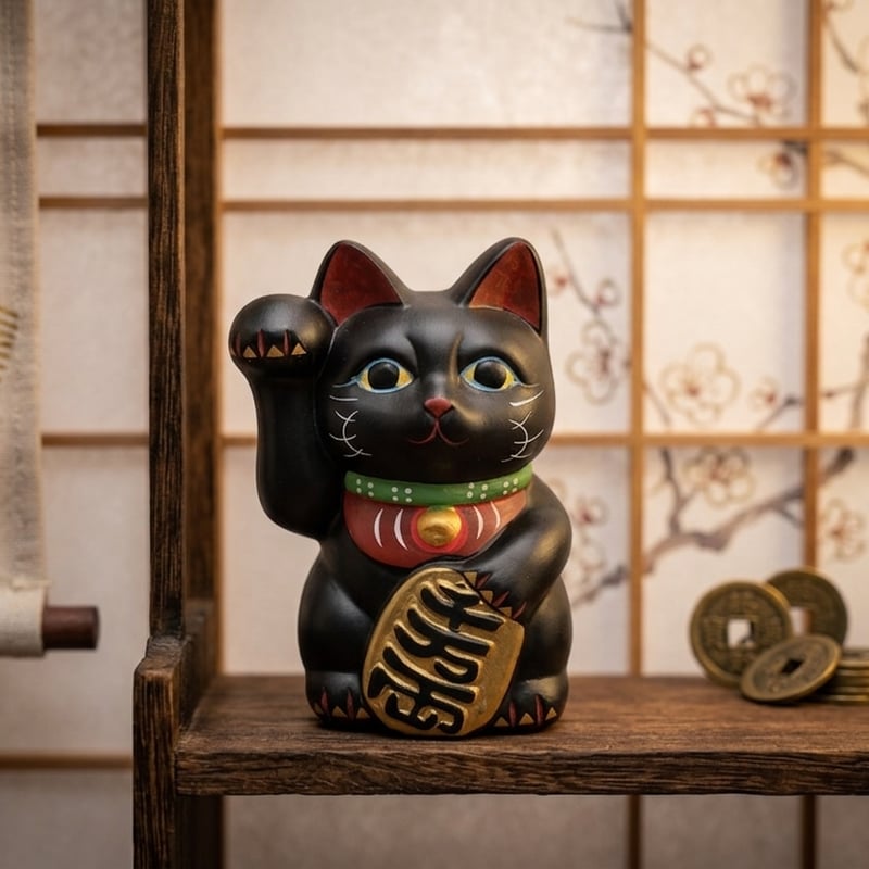 骨董　特大サイズ　招き猫　貯金箱　陶器　黒猫脚　縁起物　商売繁盛　人気 縁起物 招き猫 黒猫 右手上げ 貯金箱 金運招福 商売繁盛 縁起置物