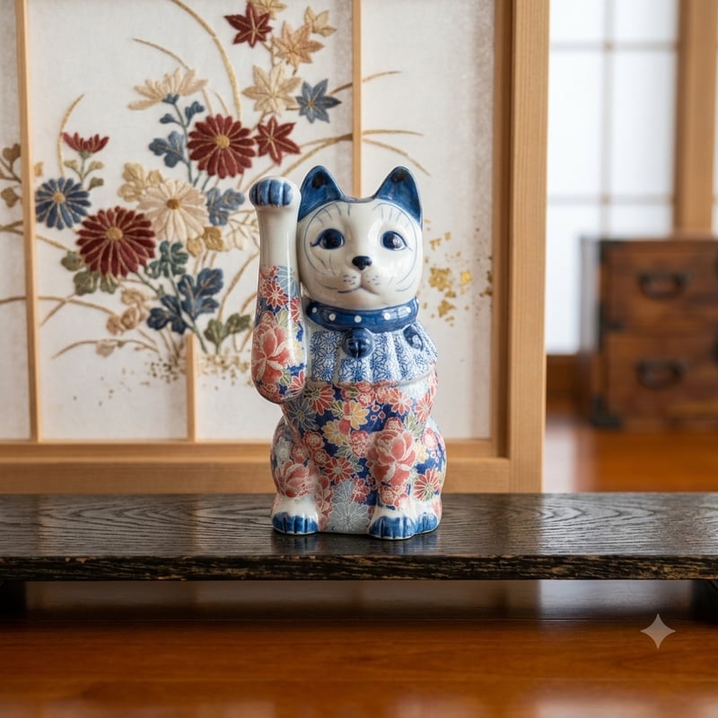 縁起物 招き猫 友禅磁器 置物 陶器 花柄 和柄 右手上げ 開運 金運招福
