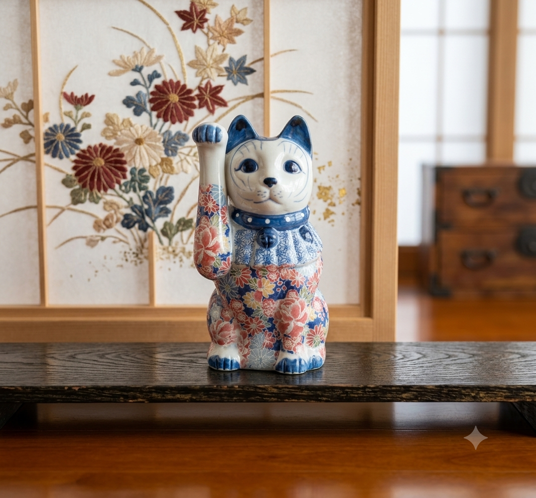 縁起物 招き猫 友禅磁器 置物 陶器 花柄 和柄 右手上げ 開運 金運招福