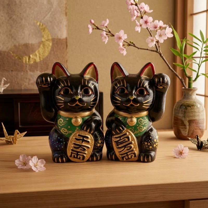縁起物 招き猫 黒招き猫 一対 左右ペア 貯金箱 右手・左手上げ 千両