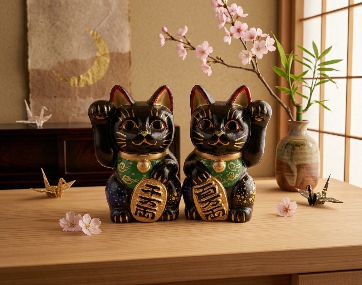 縁起物 招き猫 黒招き猫 一対 左右ペア 貯金箱 右手・左手上げ 千両