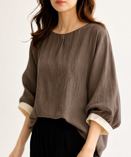 long sleeve contrast cuff blouse /3color　FL3651