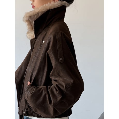 vintage leather look fur collar jacket　/2color　un2227