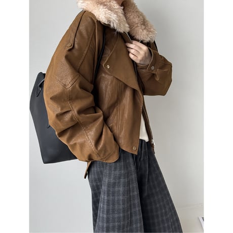 vintage leather look fur collar jacket　/2color　un2227