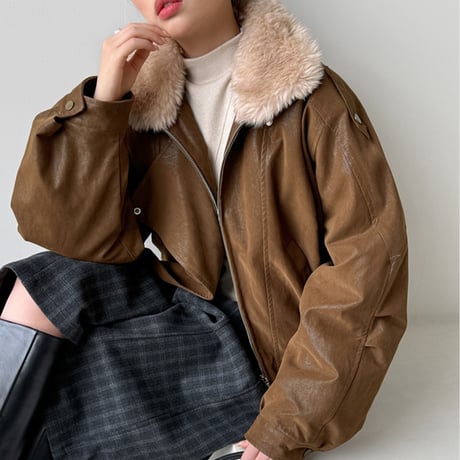 vintage leather look fur collar jacket　/2color　un2227