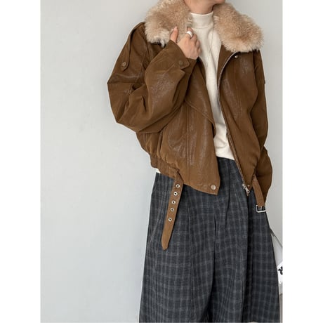 vintage leather look fur collar jacket　/2color　un2227
