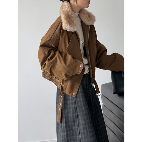 vintage leather look fur collar jacket　/2color　un2227