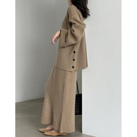 knit front design button cuffs top & long skirt set　NK2638