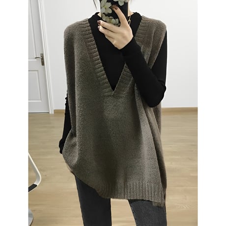 deep vneck loose knit vest /3color　NK2680