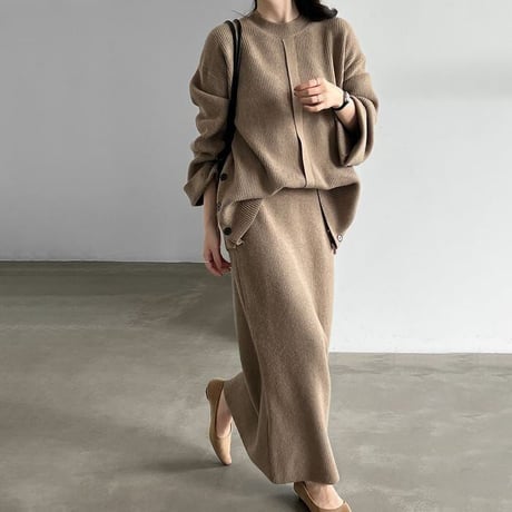 knit front design button cuffs top & long skirt set　NK2638