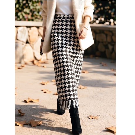 houndstooth fringe long skirt　NK2715