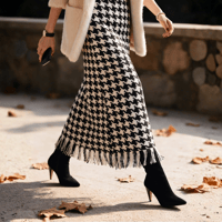 houndstooth fringe long skirt　NK2715