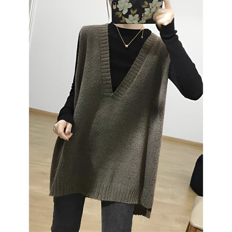deep vneck loose knit vest /3color　NK2680