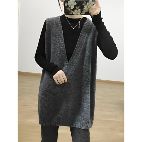 deep vneck loose knit vest /3color　NK2680