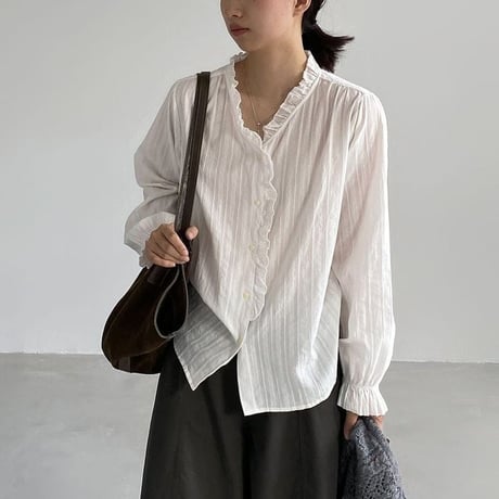 frill neck stripe blouse　NK2626