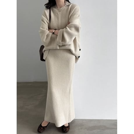 knit front design button cuffs top & long skirt set　NK2638