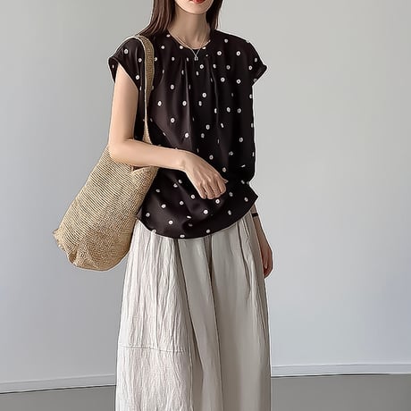 polka dot gather cap sleeve blouse　NK2391