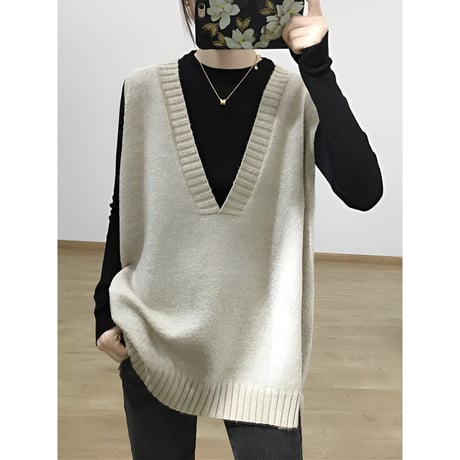deep vneck loose knit vest /3color　NK2680
