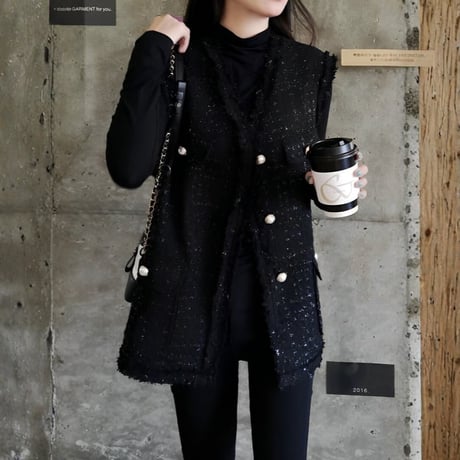 tweed fringe long vest　NK2508