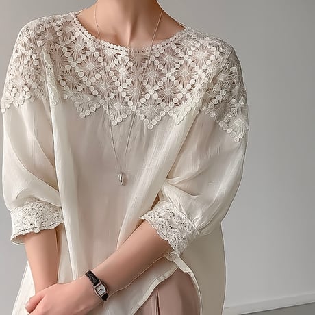 floral lace yoke puff blouse /2color　NK2404