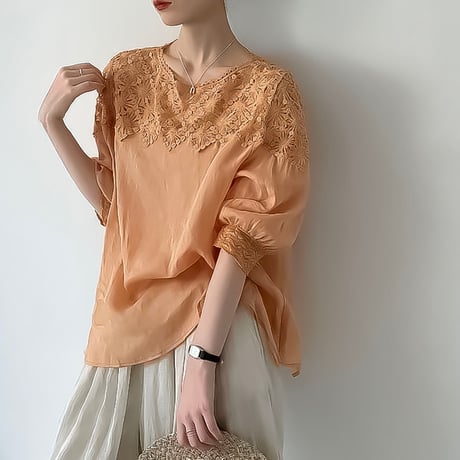 floral lace yoke puff blouse /2color　NK2404