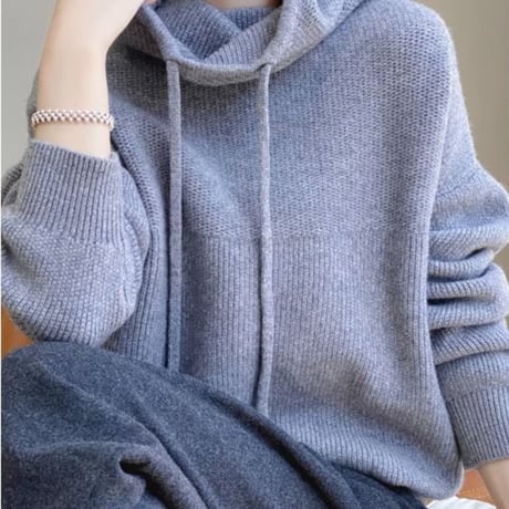 volume neck knit hoodie /4color　NK2692
