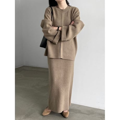 knit front design button cuffs top & long skirt set　NK2638