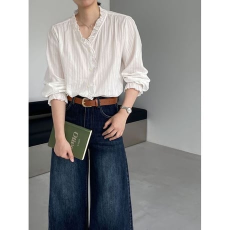 frill neck stripe blouse　NK2626
