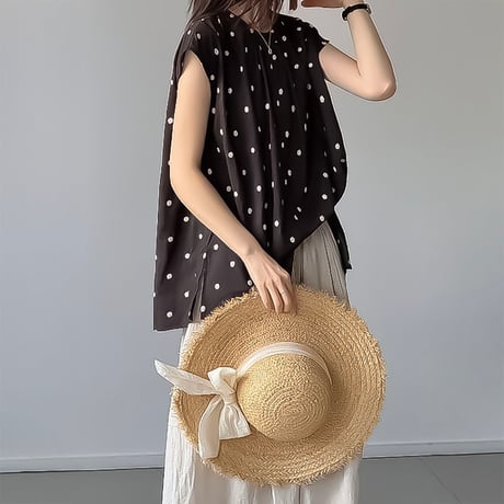 polka dot gather cap sleeve blouse　NK2391