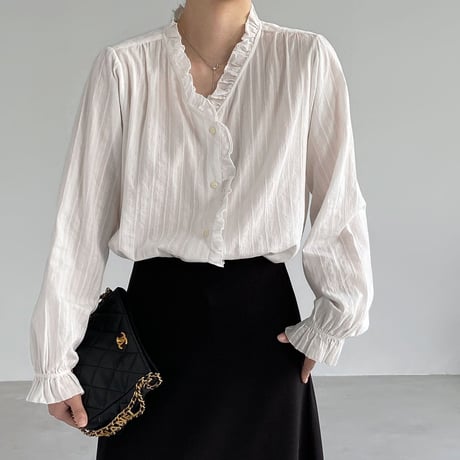 frill neck stripe blouse　NK2626