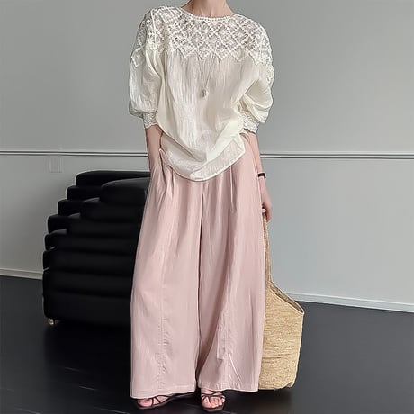 floral lace yoke puff blouse /2color　NK2404