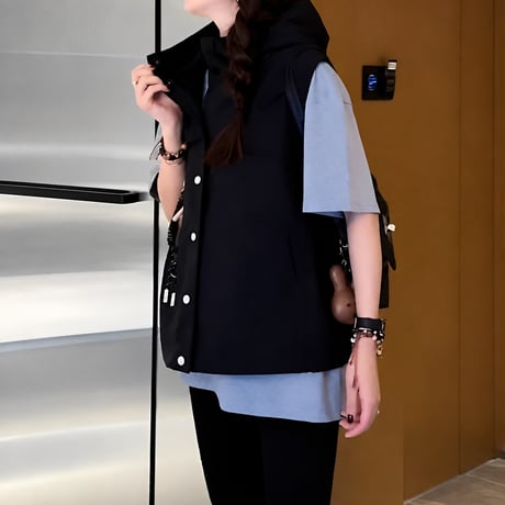 hooded button vest /2color　NK2491