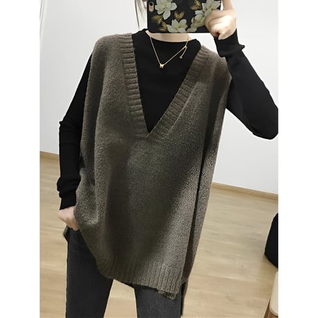 deep vneck loose knit vest /3color　NK2680