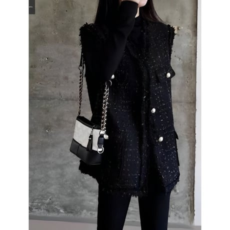 tweed fringe long vest　NK2508