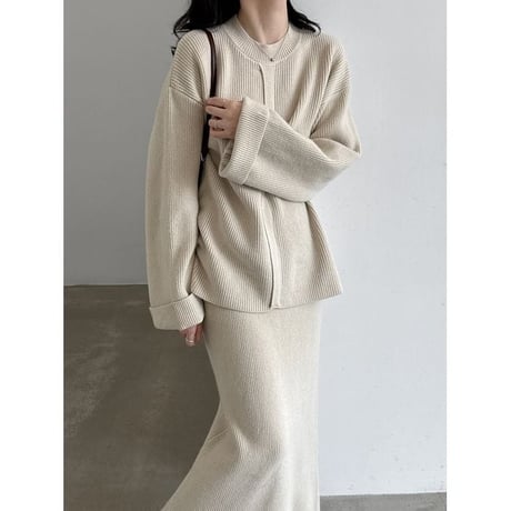 knit front design button cuffs top & long skirt set　NK2638
