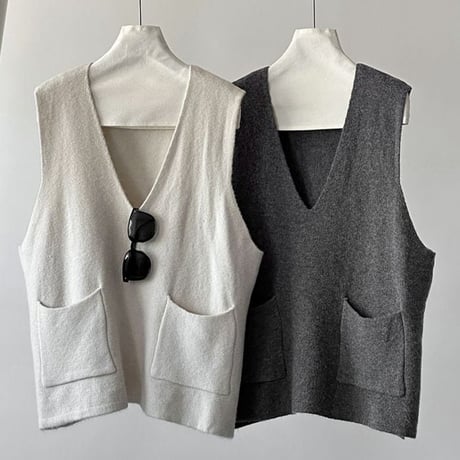 deep vneck knit vest /2color　NK2448