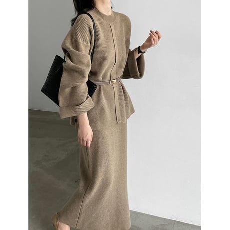 knit front design button cuffs top & long skirt set　NK2638