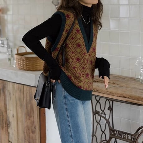retro pattern vneck vest　NK2690