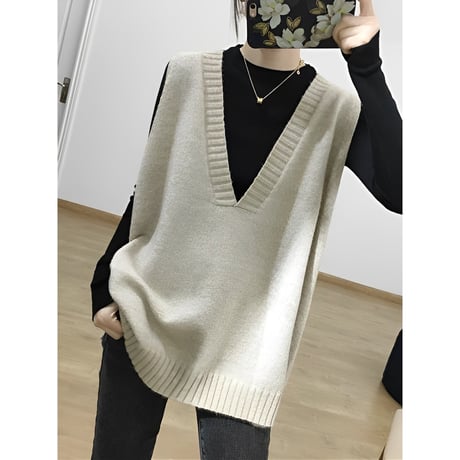 deep vneck loose knit vest /3color　NK2680