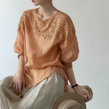 floral lace yoke puff blouse /2color　NK2404