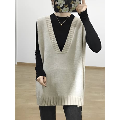deep vneck loose knit vest /3color　NK2680