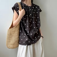 polka dot gather cap sleeve blouse　NK2391