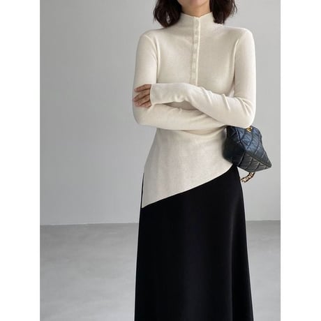 asymmetric hem mock neck knit top /4color　NK2767